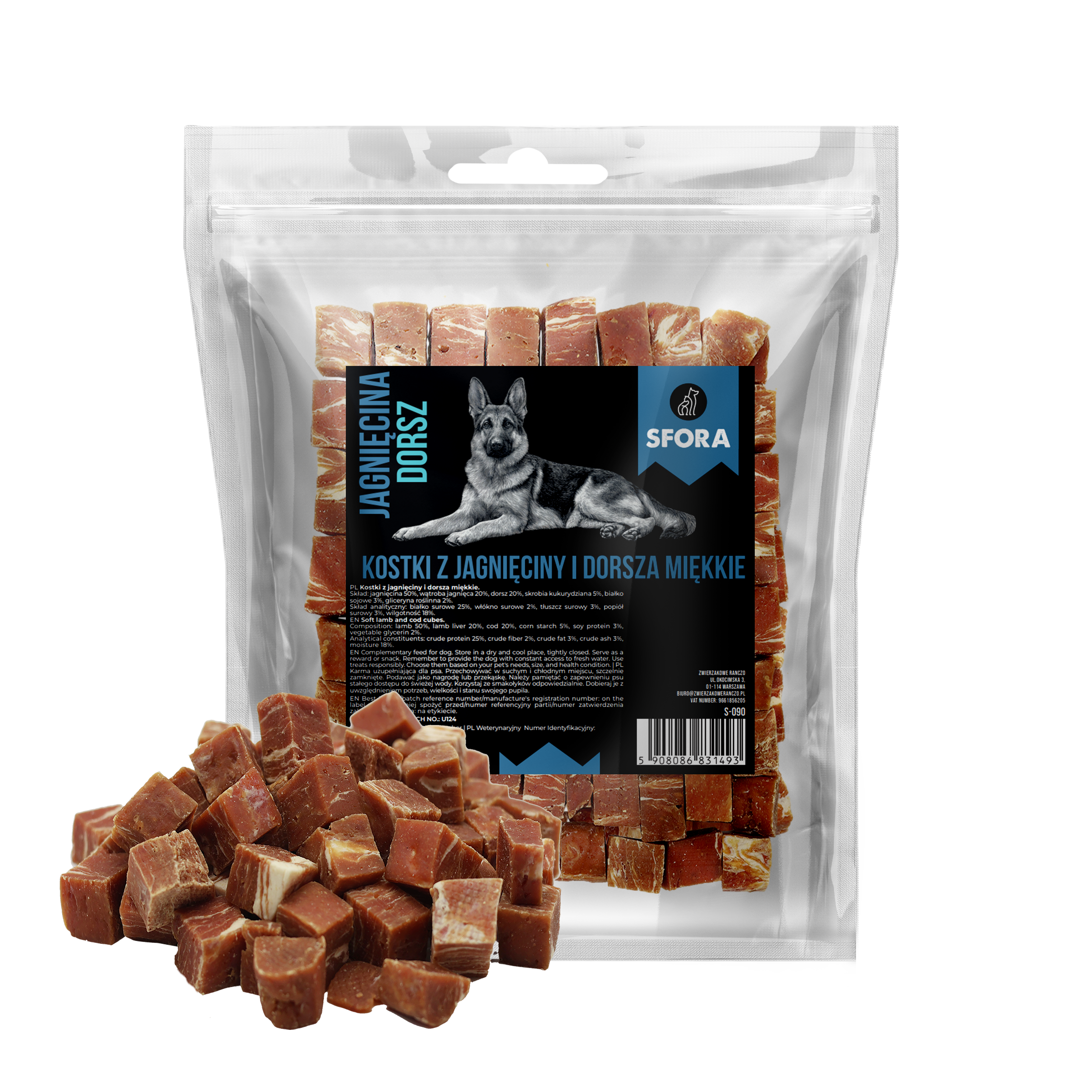 Sfora Hot Strips miękkie kostki z jagnięciny i dorsza 500 g 7 kostki z jagnieciny i dorsza